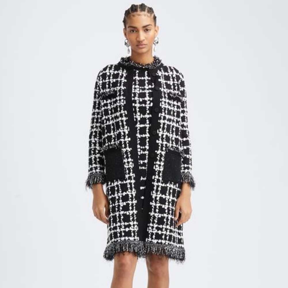 $6,000 OSCAR DE LA RENTA TWEED BLK WHT COAT SKIRT SUIT M